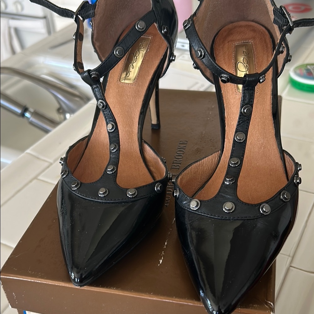 Halogen T-Strap Black Patent Leather Heels.